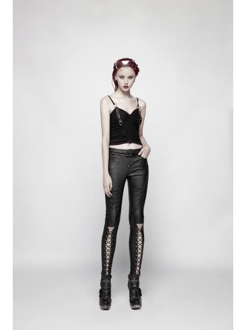 Chest Metal D-Buckle Rivet Woven Strap Lace-Up Hem Black Punk Knit Camisole