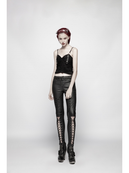 Chest Metal D-Buckle Rivet Woven Strap Lace-Up Hem Black Punk Knit Camisole