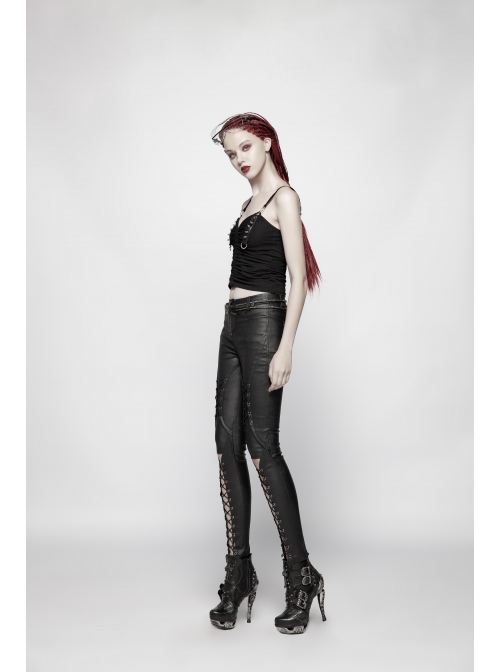Chest Metal D-Buckle Rivet Woven Strap Lace-Up Hem Black Punk Knit Camisole