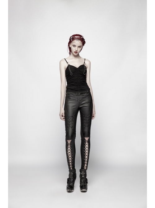 Chest Metal D-Buckle Rivet Woven Strap Lace-Up Hem Black Punk Knit Camisole
