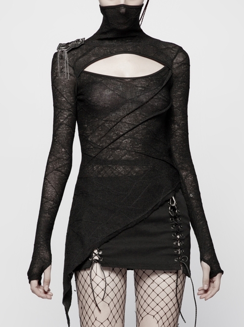 Black Knit Dark Pattern High Collar Chest Hollow-Out Long Sleeve Asymmetrical Hem Punk Tight T-Shirt