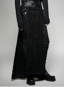 Black Woolen Waist Metal Buckle PU Leather Hasp Lace-Up Side Slit Punk Kilt