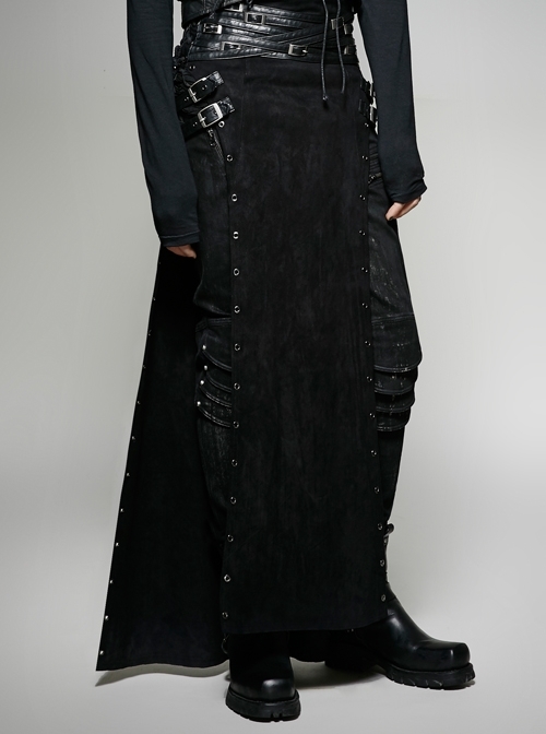 Black Woolen Waist Metal Buckle PU Leather Hasp Lace-Up Side Slit Punk Kilt