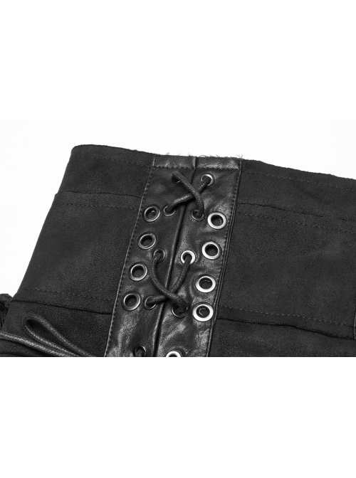 Black Woolen Waist Metal Buckle PU Leather Hasp Lace-Up Side Slit Punk Kilt