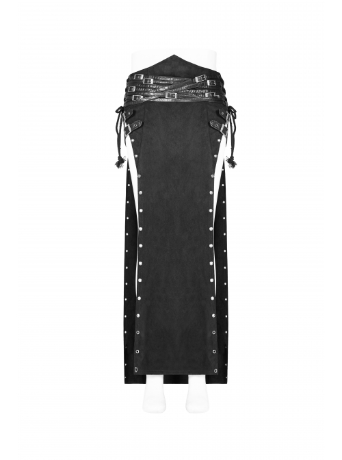 Black Woolen Waist Metal Buckle PU Leather Hasp Lace-Up Side Slit Punk Kilt