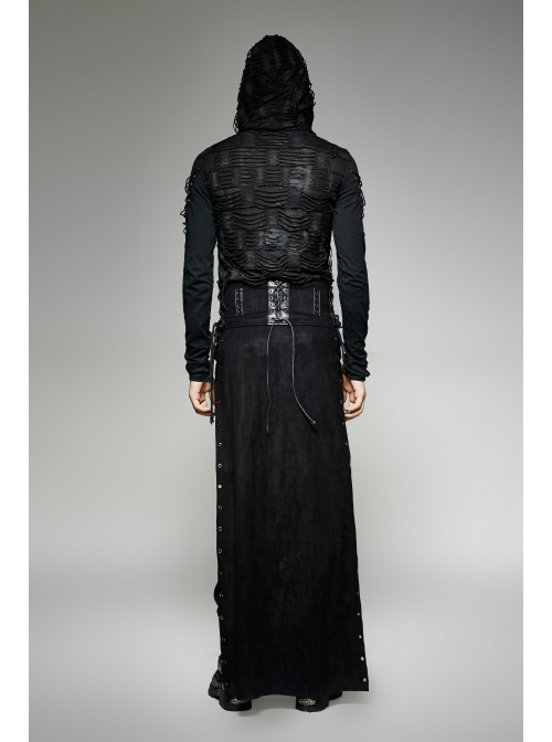 Black Woolen Waist Metal Buckle PU Leather Hasp Lace-Up Side Slit Punk Kilt