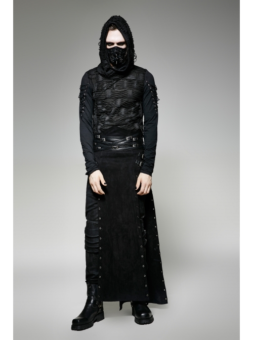 Black Woolen Waist Metal Buckle PU Leather Hasp Lace-Up Side Slit Punk Kilt