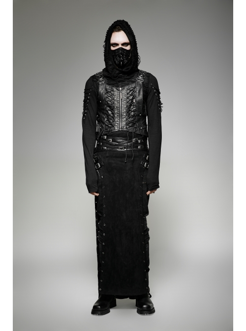 Black Woolen Waist Metal Buckle PU Leather Hasp Lace-Up Side Slit Punk Kilt