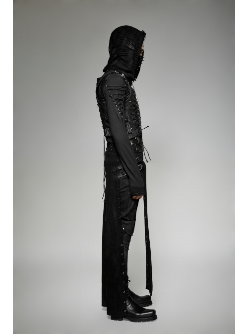 Black Woolen Waist Metal Buckle PU Leather Hasp Lace-Up Side Slit Punk Kilt