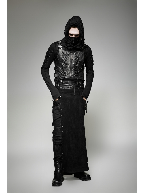 Black Woolen Waist Metal Buckle PU Leather Hasp Lace-Up Side Slit Punk Kilt
