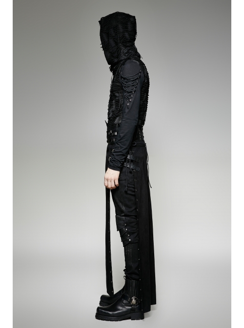 Black Woolen Waist Metal Buckle PU Leather Hasp Lace-Up Side Slit Punk Kilt
