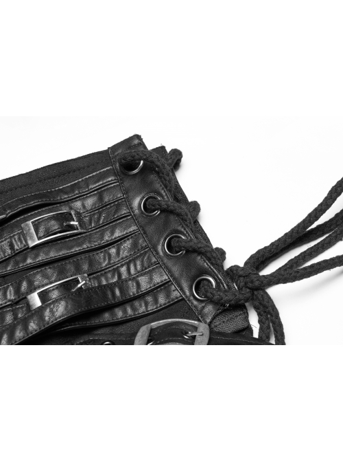Black Woolen Waist Metal Buckle PU Leather Hasp Lace-Up Side Slit Punk Kilt