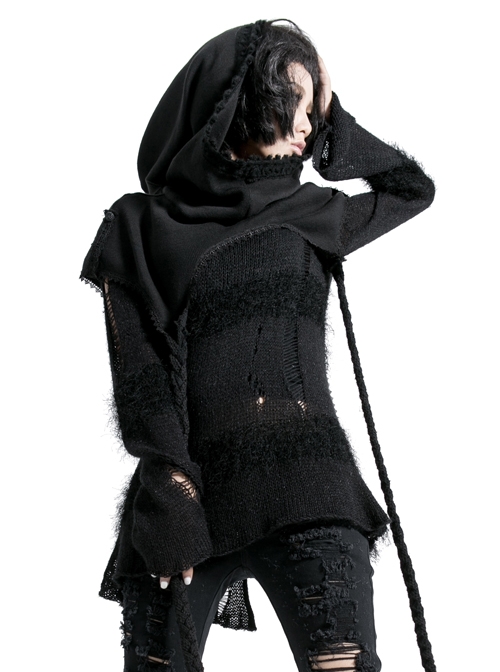 Lace Weave Strap Button Asymmetrical Rough Selvedge Hem Black Punk Hooded Short Cloak