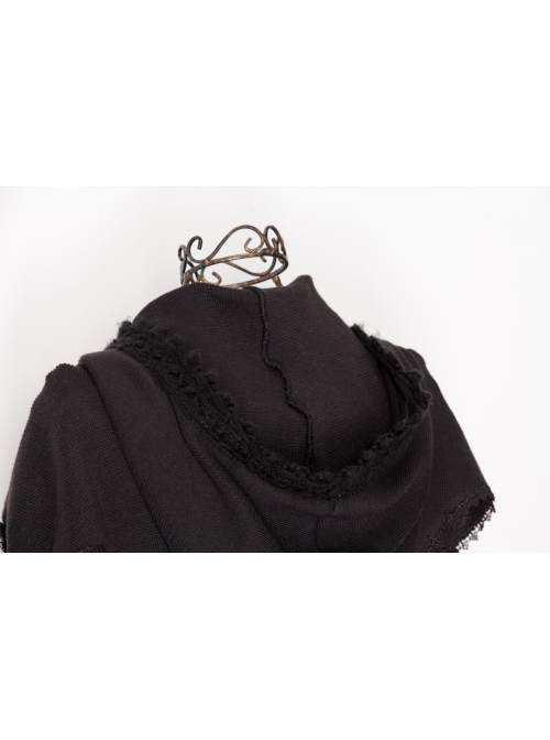 Lace Weave Strap Button Asymmetrical Rough Selvedge Hem Black Punk Hooded Short Cloak