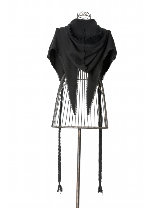 Lace Weave Strap Button Asymmetrical Rough Selvedge Hem Black Punk Hooded Short Cloak