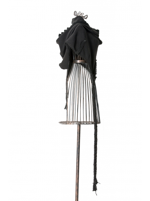 Lace Weave Strap Button Asymmetrical Rough Selvedge Hem Black Punk Hooded Short Cloak