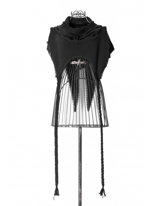 Lace Weave Strap Button Asymmetrical Rough Selvedge Hem Black Punk Hooded Short Cloak