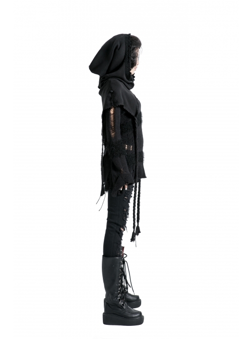 Lace Weave Strap Button Asymmetrical Rough Selvedge Hem Black Punk Hooded Short Cloak