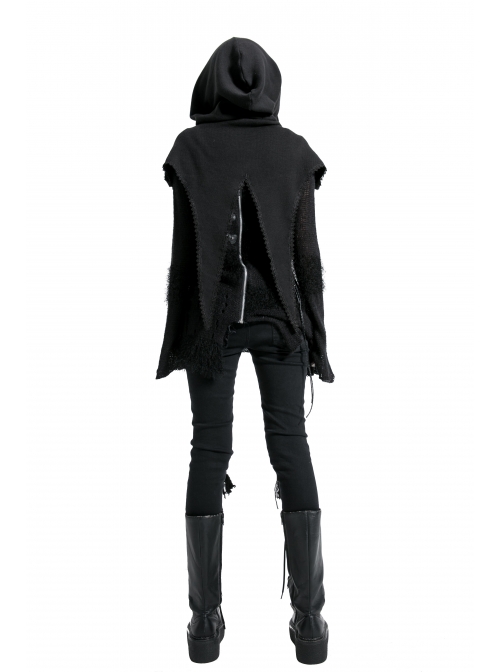 Lace Weave Strap Button Asymmetrical Rough Selvedge Hem Black Punk Hooded Short Cloak