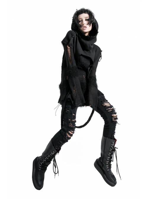 Lace Weave Strap Button Asymmetrical Rough Selvedge Hem Black Punk Hooded Short Cloak