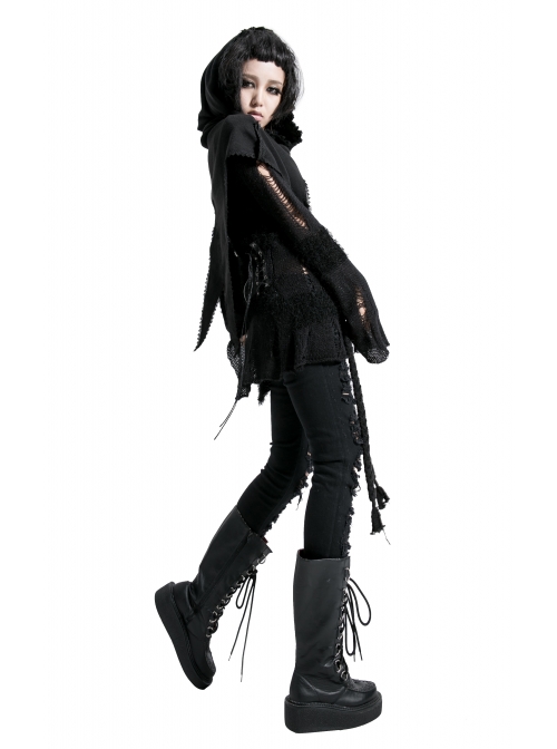 Lace Weave Strap Button Asymmetrical Rough Selvedge Hem Black Punk Hooded Short Cloak