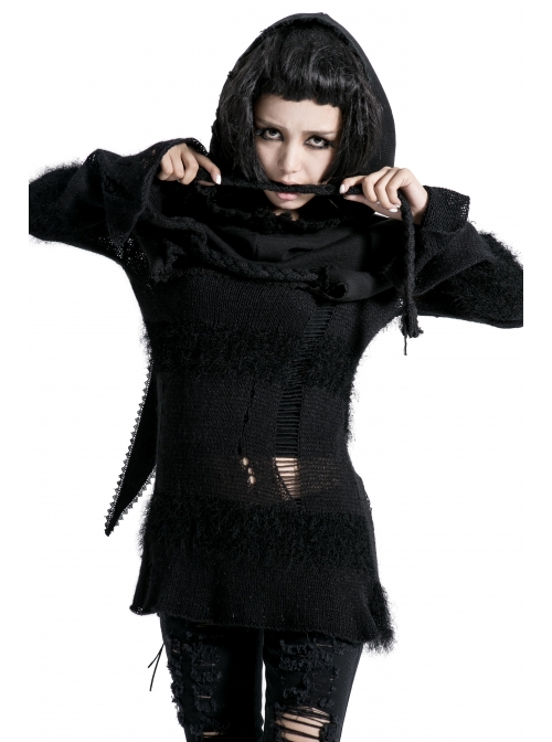 Lace Weave Strap Button Asymmetrical Rough Selvedge Hem Black Punk Hooded Short Cloak