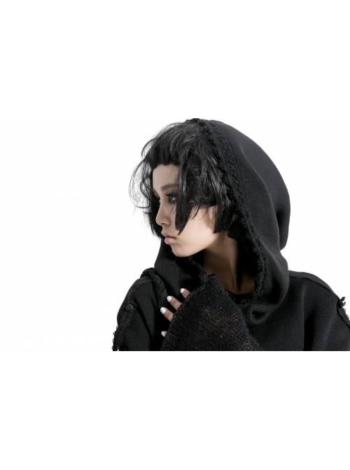Lace Weave Strap Button Asymmetrical Rough Selvedge Hem Black Punk Hooded Short Cloak