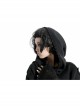 Lace Weave Strap Button Asymmetrical Rough Selvedge Hem Black Punk Hooded Short Cloak