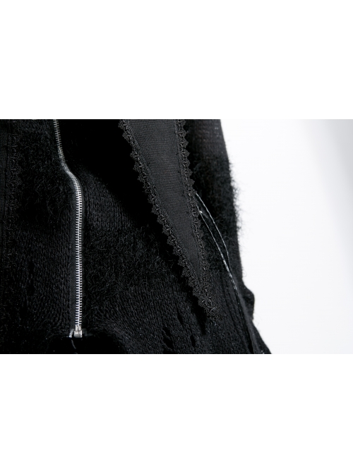 Lace Weave Strap Button Asymmetrical Rough Selvedge Hem Black Punk Hooded Short Cloak
