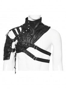 Metal Buckle Hasp Rivet One-Shoulder Stand-Up Collar Black Punk Leather Armor Accessory