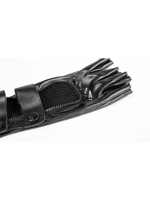 Metal Buckle Hasp Rivet Splice Mesh Black Punk Leather Gloves