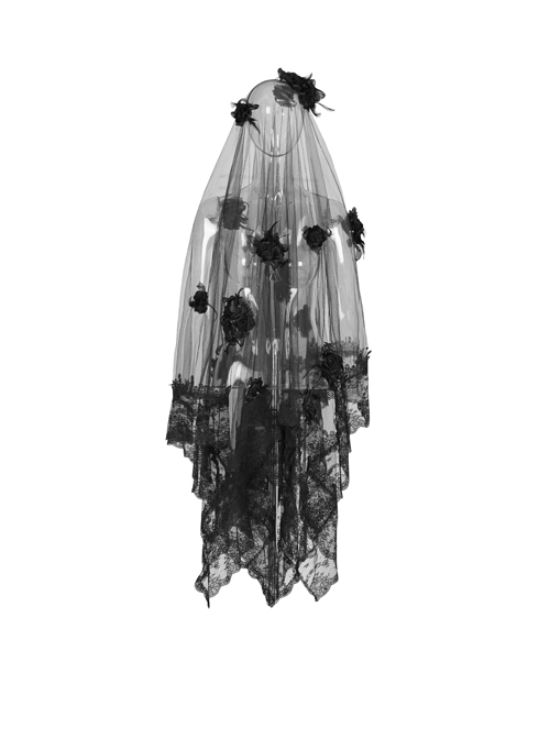 Diaphanous Flowing Mesh Lacey Lace 3D Flower Decoration Black Gothic Veil