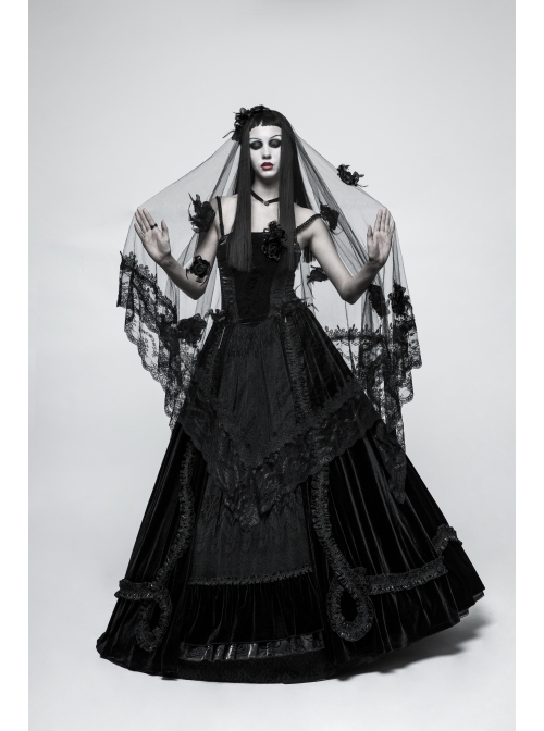 Diaphanous Flowing Mesh Lacey Lace 3D Flower Decoration Black Gothic Veil