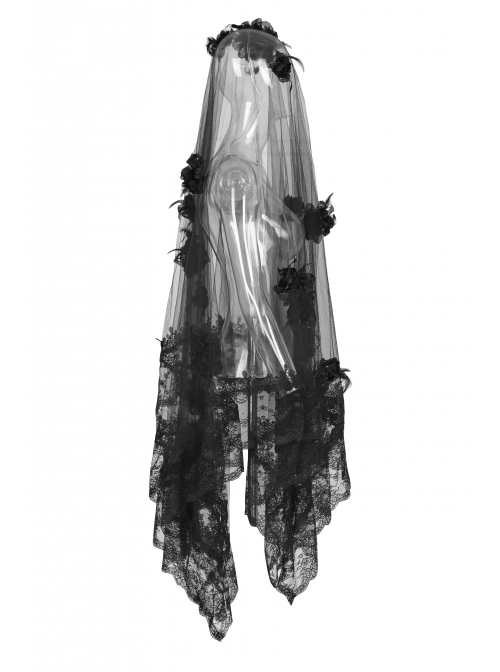 Diaphanous Flowing Mesh Lacey Lace 3D Flower Decoration Black Gothic Veil