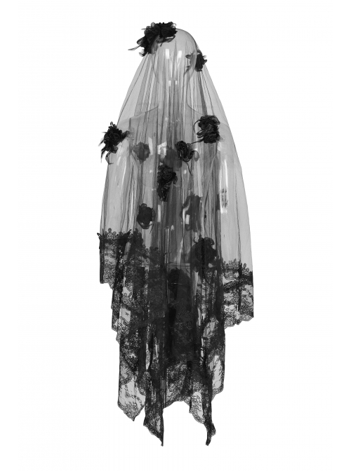 Diaphanous Flowing Mesh Lacey Lace 3D Flower Decoration Black Gothic Veil