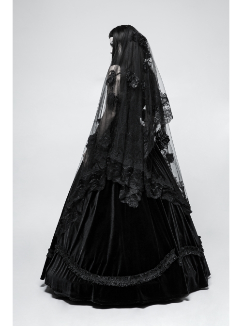Diaphanous Flowing Mesh Lacey Lace 3D Flower Decoration Black Gothic Veil