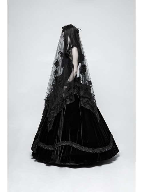 Diaphanous Flowing Mesh Lacey Lace 3D Flower Decoration Black Gothic Veil