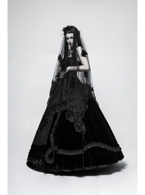 Diaphanous Flowing Mesh Lacey Lace 3D Flower Decoration Black Gothic Veil