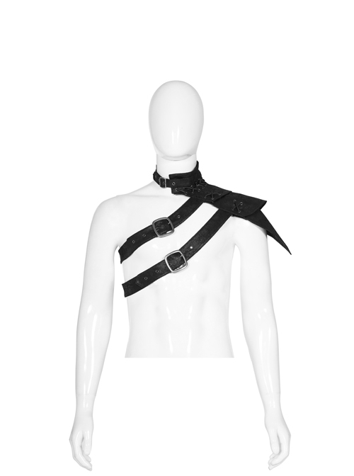Metal Buckle Hasp Lace-Up One-Shoulder Stand-Up Collar Black Punk Leather Armor Accessory