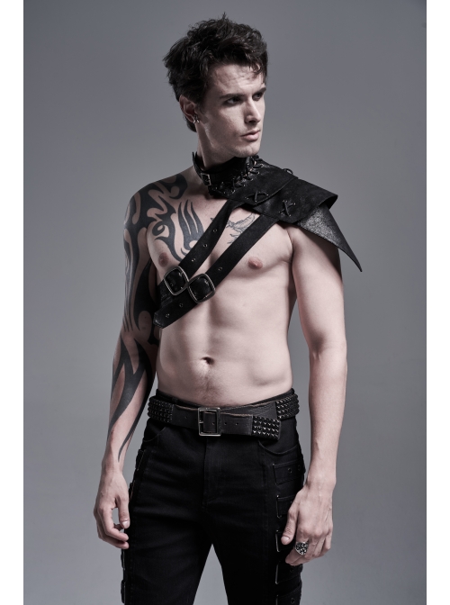 Metal Buckle Hasp Lace-Up One-Shoulder Stand-Up Collar Black Punk Leather Armor Accessory