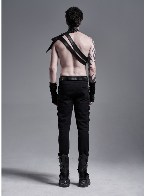 Metal Buckle Hasp Lace-Up One-Shoulder Stand-Up Collar Black Punk Leather Armor Accessory
