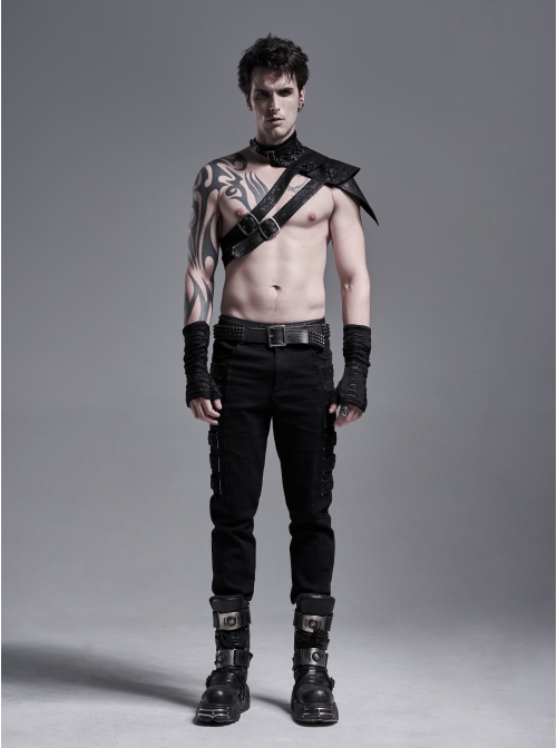 Metal Buckle Hasp Lace-Up One-Shoulder Stand-Up Collar Black Punk Leather Armor Accessory