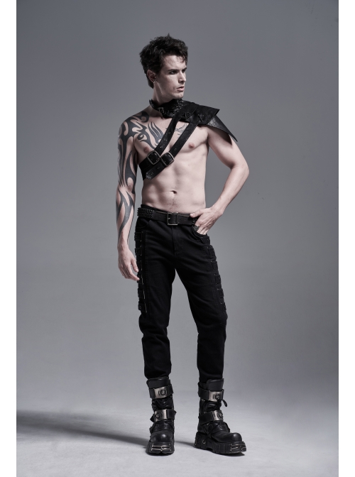 Metal Buckle Hasp Lace-Up One-Shoulder Stand-Up Collar Black Punk Leather Armor Accessory