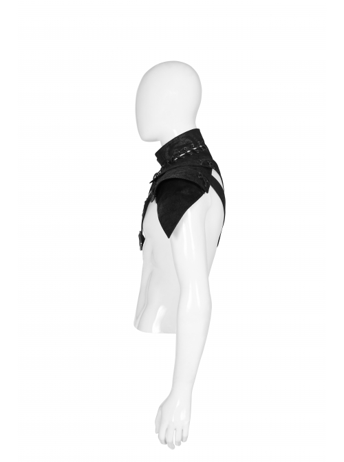 Metal Buckle Hasp Lace-Up One-Shoulder Stand-Up Collar Black Punk Leather Armor Accessory