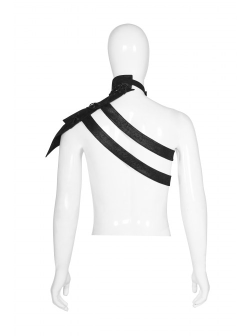 Metal Buckle Hasp Lace-Up One-Shoulder Stand-Up Collar Black Punk Leather Armor Accessory