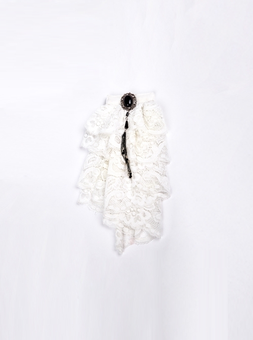 White Gem Pendant Frill Lace Gothic Neckties