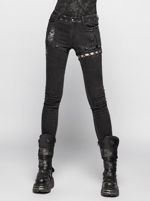 Asymmetrical Left Splicing Lace-Up Design Right Metal Zipper Rivet Black Punk Denim Trousers