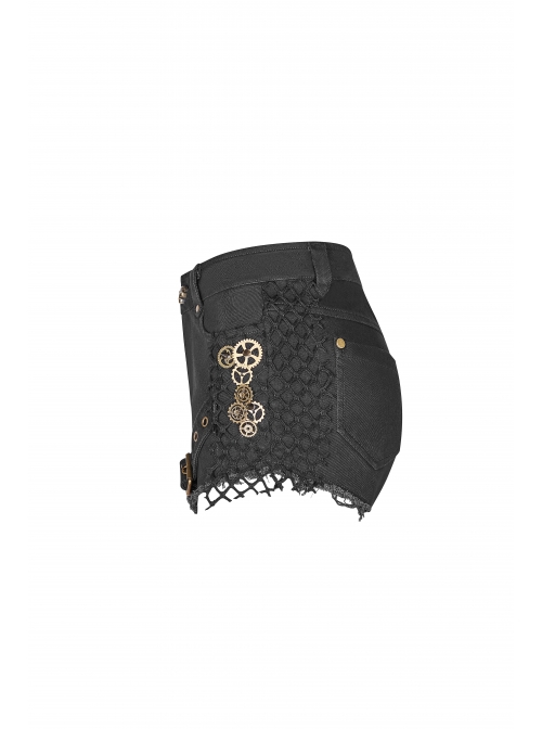 Twill Splice Mesh Metal Buckle Hasp Gear Spike Rough Selvedge Black Punk Short Trousers