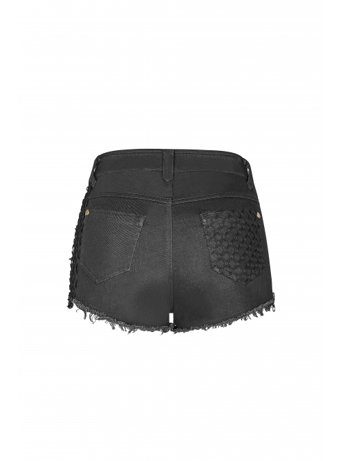 Twill Splice Mesh Metal Buckle Hasp Gear Spike Rough Selvedge Black Punk Short Trousers