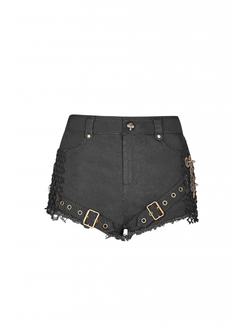 Twill Splice Mesh Metal Buckle Hasp Gear Spike Rough Selvedge Black Punk Short Trousers